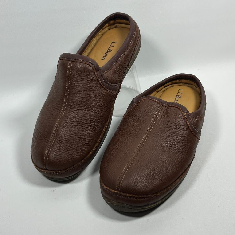 LL BEAN Slippers Mens 9M Elkhide Scuff Leather Padded Comfort Slip On Brown
